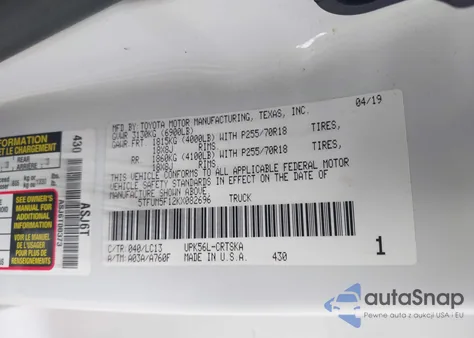 2019 Toyota Tundra Sr 4.6L V8 z USA, uszkodzony, nr VIN 5TFUM5F12KX082696